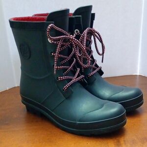 Tommy Hilfiger Women's Black Rubber Lace-Up Rain Boots